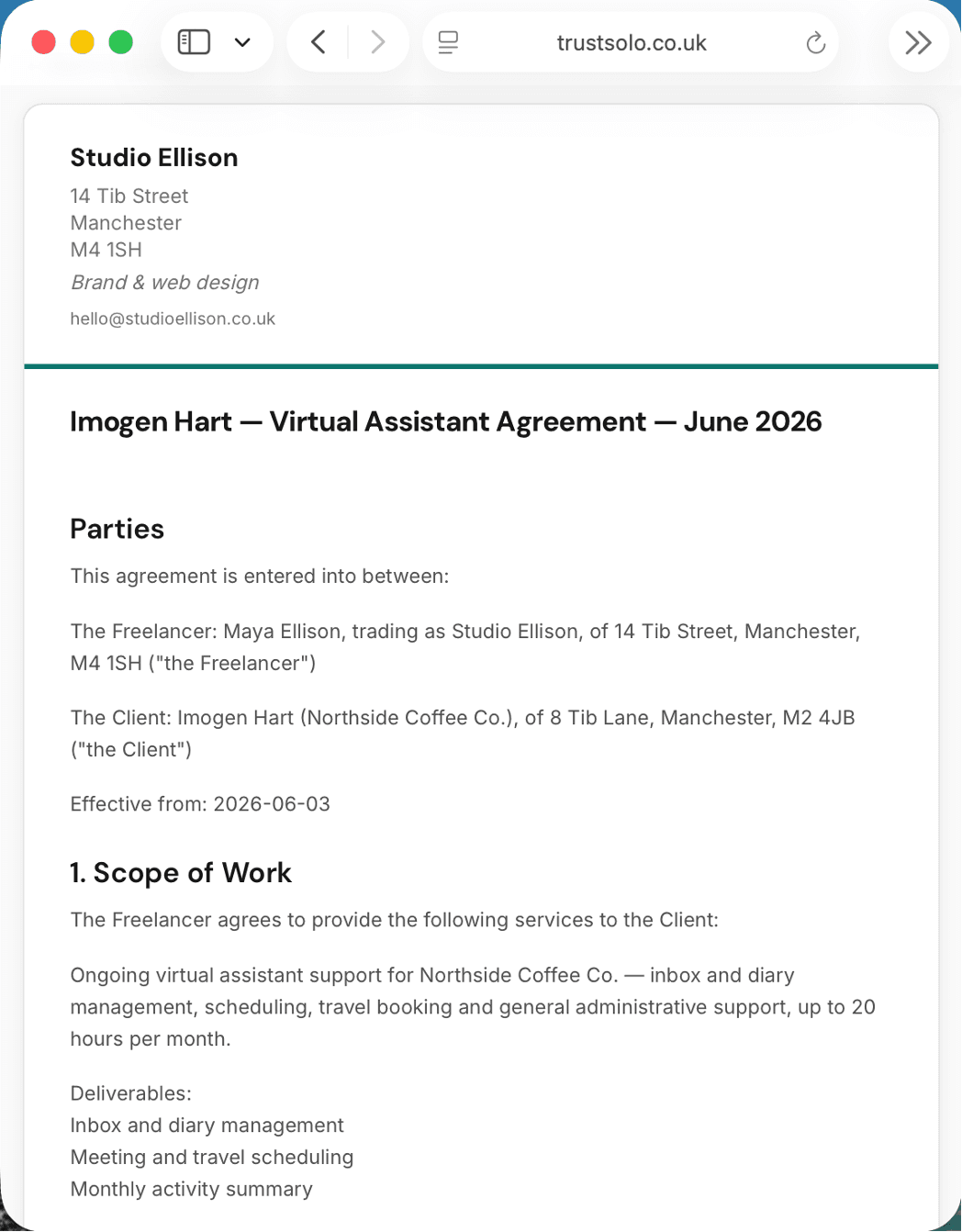 A virtual assistant contract in TrustSolo — parties, scope of work and deliverables