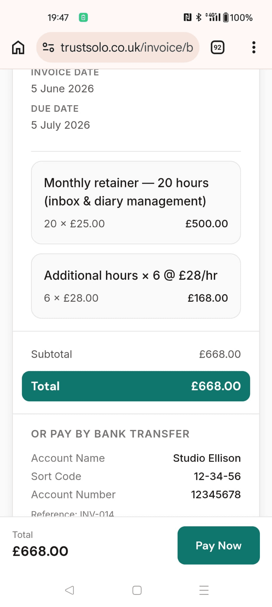 A virtual assistant invoice on a phone