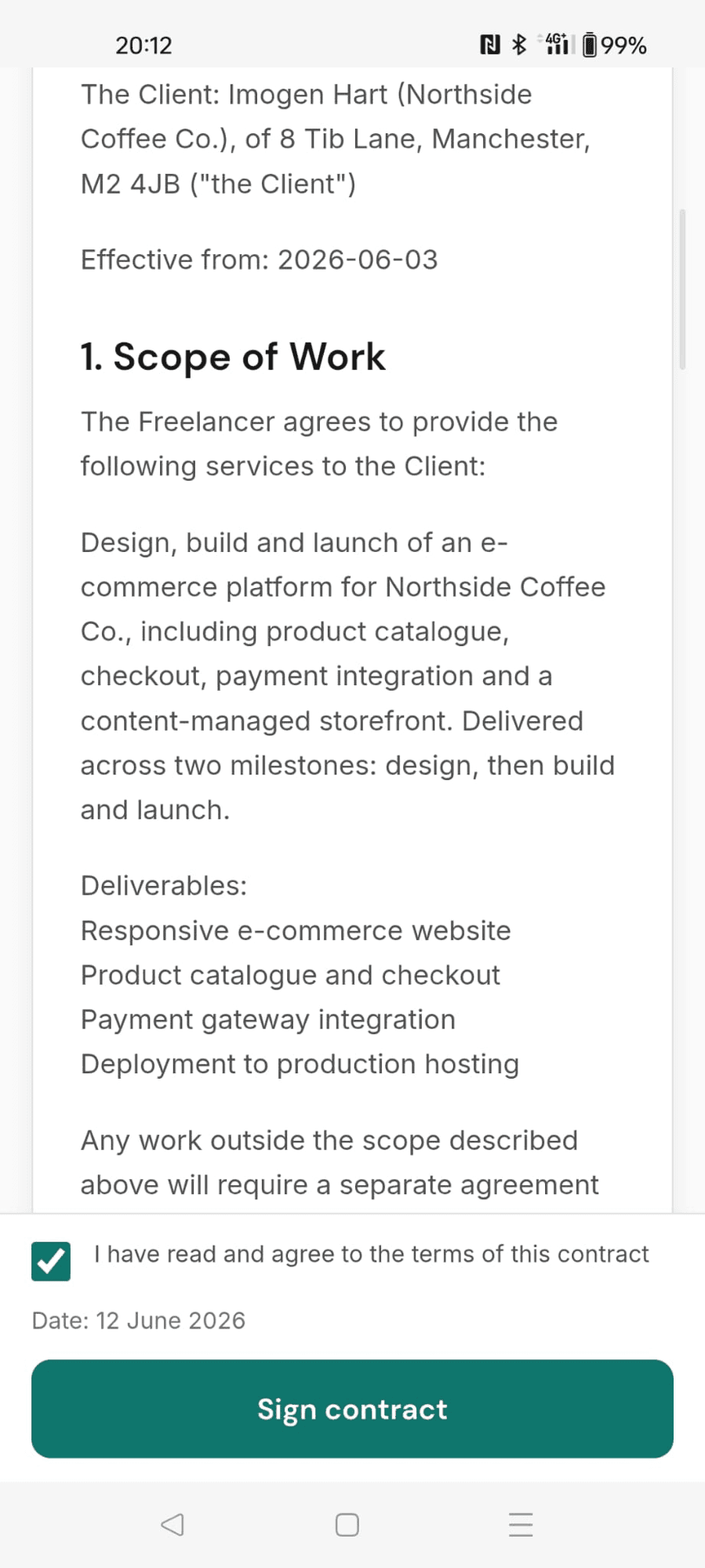A web development contract on a phone