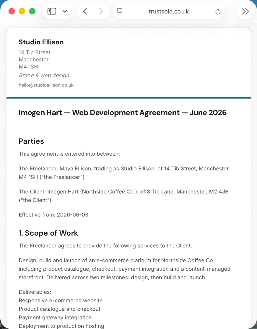 A web development contract in TrustSolo — parties, scope of work and deliverables
