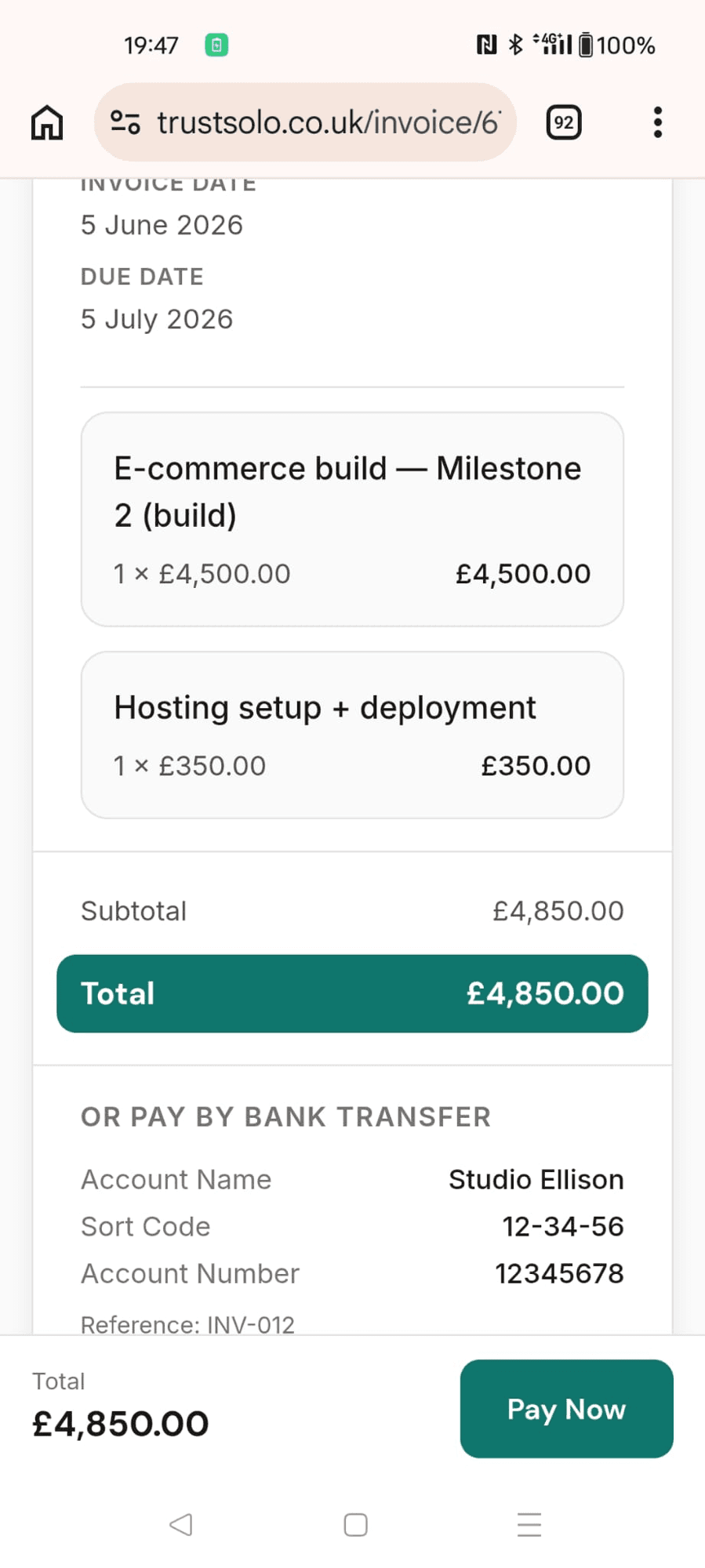 A web development invoice on a phone