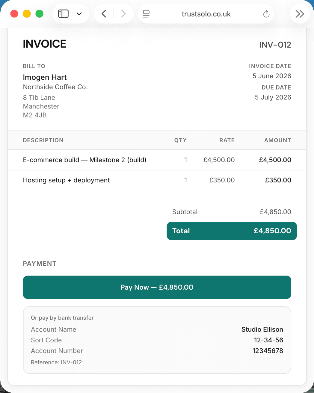 A web development invoice with a Pay Now button and bank transfer details